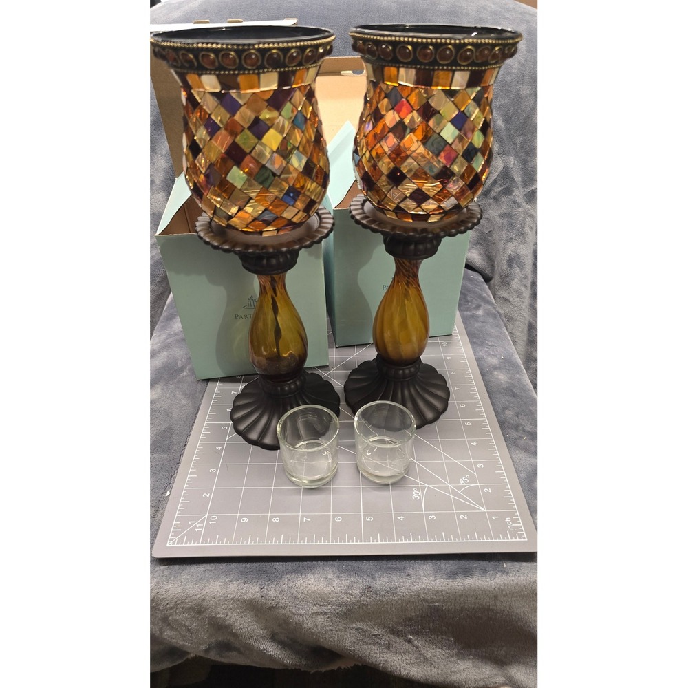 PartyLite Mosaic Hurricane Candle Holder Set Amber Glass Twisted Stem 2pc P90226